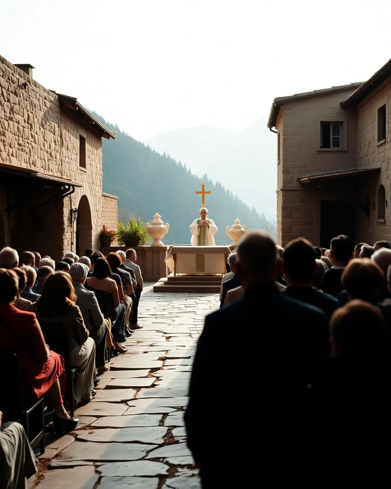 Eucaristía en la montaña Misa al aire libre celebrada en el patio de un santuario de montaña