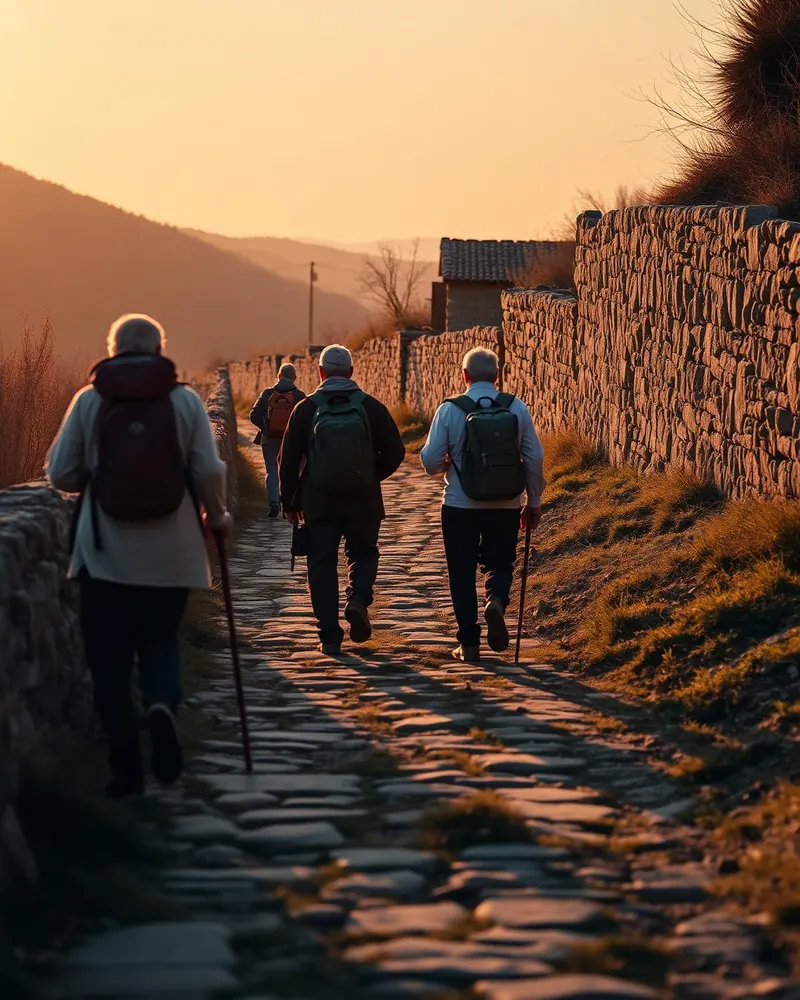 En camino, al atardecer Grupo de peregrinos caminando por un sendero empedrado a la luz del atardecer