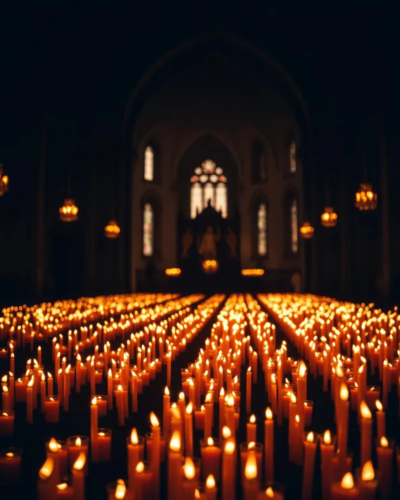 Intenciones encendidas Velas encendidas por los peregrinos en el interior de un santuario mariano