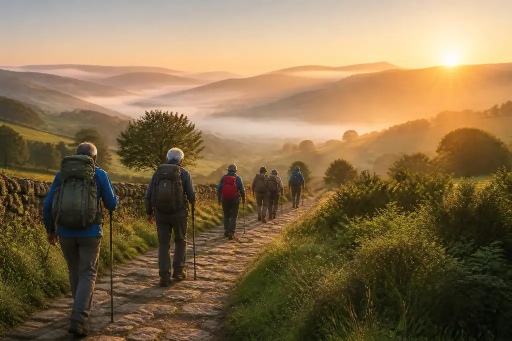 Grupo de peregrinos caminando al amanecer por un sendero de piedra entre colinas