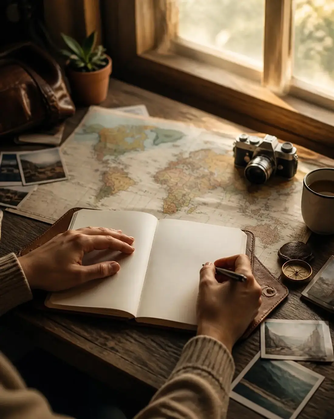 Cuaderno abierto y mapa sobre una mesa de madera junto a una ventana